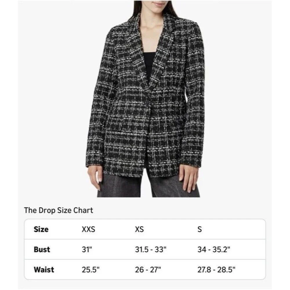The Drop Blazer Womens Size XS Blake Long Plaid Single Breasted Black Boucle
